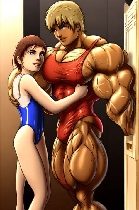 2 children,locker room,muscle size difference,male swimsuit,soft shading, mbbbbb