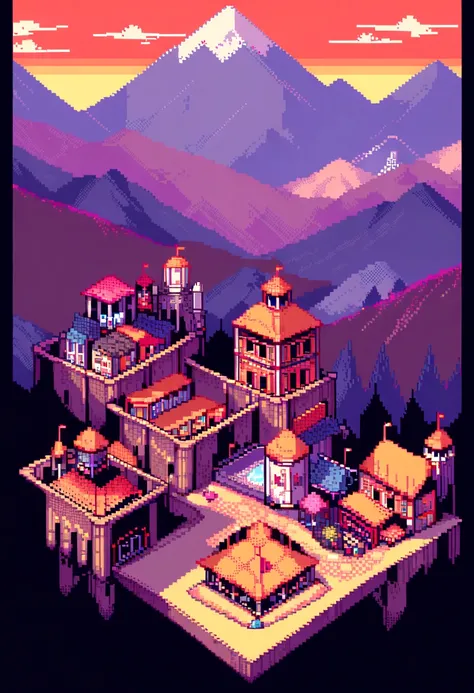 (Best Quality,high resolution), pixel art, vibrant colors, nostalgic atmosphere, Immersive gameplay, 16-bit graphics, pixel perfect controls, town surrounded by mountains, follow, arid,