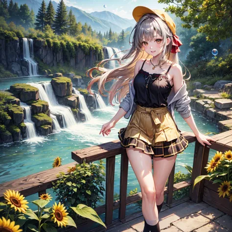 Red, brown, gold, gold hair、Golden Eyes、Hair tied up、One good looking girl、solo、anime、Checkered mini skirt、Ruffles on the skirt、camisole、Lightweight cardigan、Black knee-high socks、Wearing a baseball cap、Ribbon、Ribbon on waist、Teeth are visible、Silver coin ...