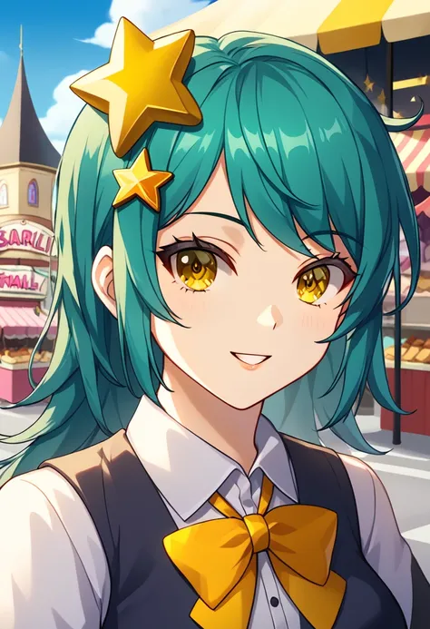 Girl with long dark turquoise hair, yellow eyes, yellow star pin in her head. Background: market