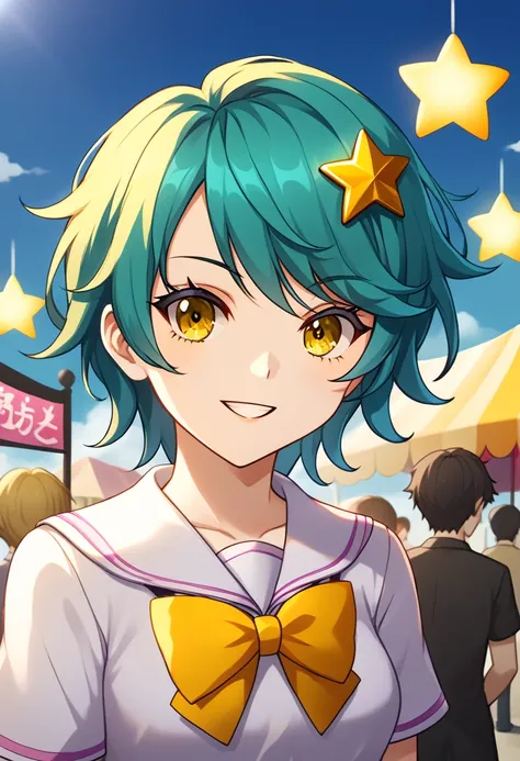 Girl with long dark turquoise hair, yellow eyes, yellow star pin in her head. Background: market