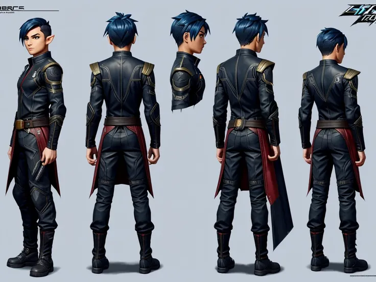 Close-up of a male elf in a cyberpunk suit, biracial, short hair with chaved sides, ((character concept art)), ((character design sheet, same character, front, side, back)) maple story character art, video game character design, video game character design...