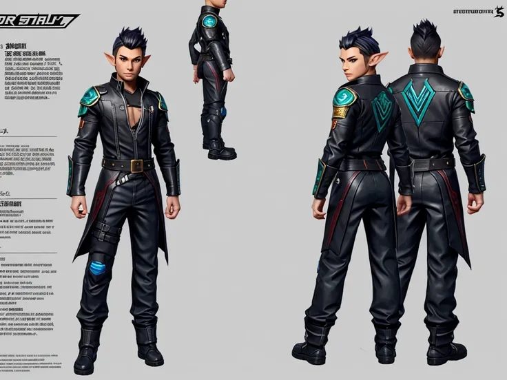 Close-up of a male elf in a cyberpunk suit, biracial, short hair with chaved sides, ((character concept art)), ((character design sheet, same character, front, side, back)) maple story character art, video game character design, video game character design...