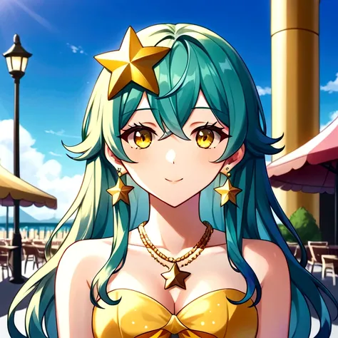 Girl with long dark turquoise hair, yellow eyes, yellow star pin in her head. Background: market