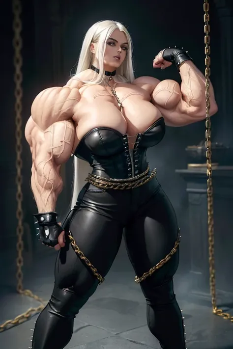 (((Massive tall, beautiful, buff, light brown skinned muscular woman with white hair, black lipstick, ginormous bulky muscles, surrounded by spiky chains and wearing a beautiful black unbuttoned blouse with a beautiful black tight pants))), (close view), m...