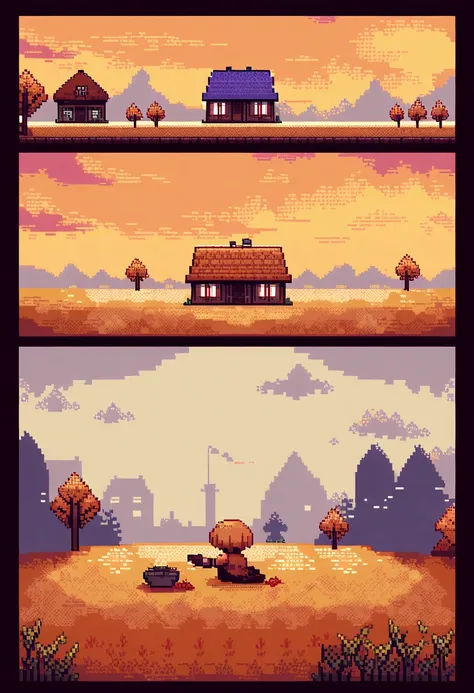 (Best Quality,high resolution), pixel art, vibrant colors, nostalgic atmosphere, Immersive gameplay, 16-bit graphics, pixel perfect controls, town with drought, autumn, Dead flowers