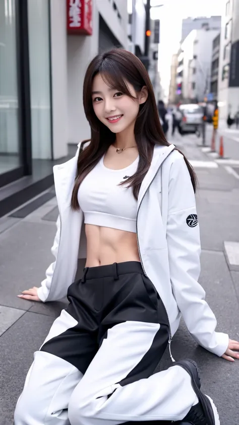 Japanese girl wearing white jacket, black crop top, black trousers, beautiful, six pack abs, realistic, 8k, model,sweet smile, long hair, black shoes