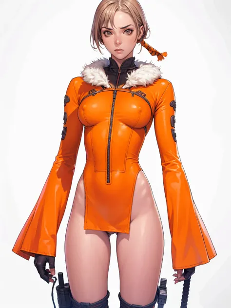 (((Annie Lennox))), (((orange rusty color suit))), (scars), (((bandaged arms))), ((fur hood)), (((best qualityer: 1.4))), (Unbeatable masterpiece), (hiper HD),(CG 8k hyper-realistic), (((brave face))), (((breasts big))), (((hyper feminine))), sexly girl, b...