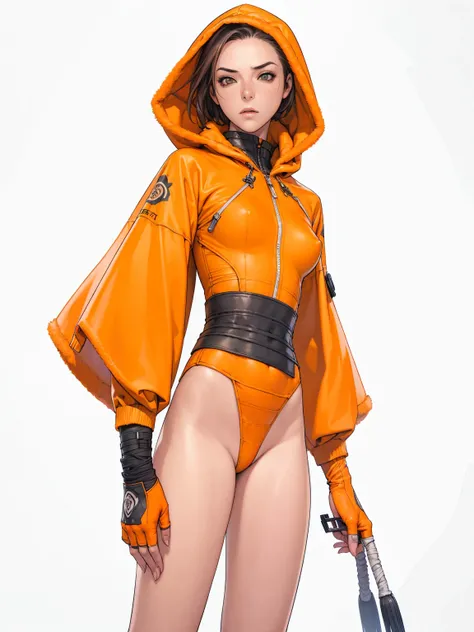 (((Annie Lennox))), (((orange rusty color suit))), (scars), (((bandaged arms))), ((fur hood)), (((best qualityer: 1.4))), (Unbeatable masterpiece), (hiper HD),(CG 8k hyper-realistic), (((brave face))), (((breasts big))), (((hyper feminine))), sexly girl, b...