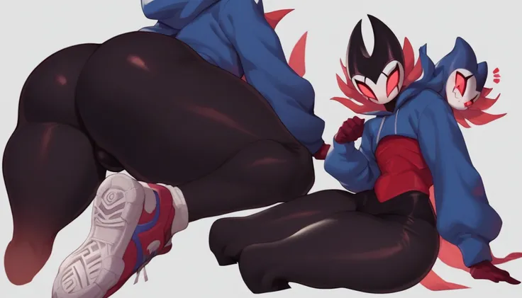 score_9, score_8_up, score_7_up, score_6_up, zPDXL2, grimm (hollow knight), vampire, bat, 1boy, solo, cute face, detailed eyes, portrait, thick thighs, anthro, thick ass, tight black sports pants, cinematic angle, blue large hoodie, cool pose, red sports g...