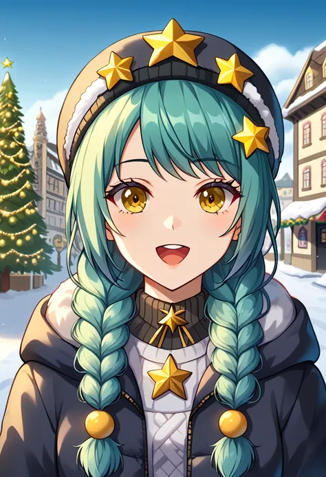 Girl with long dark turquoise hair, yellow eyes, yellow star pin in her head. Background: market in winter (rain)