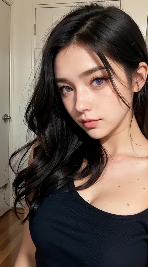 A woman with wavy black hair and purple eyes, freckles, blush, eye shadow, Cute face