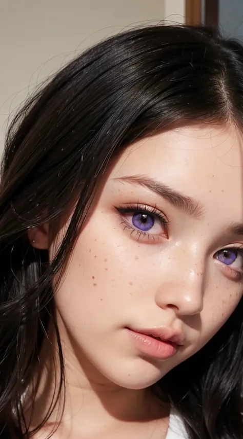 A woman with wavy black hair and purple eyes, freckles, blush, eye shadow, Cute face