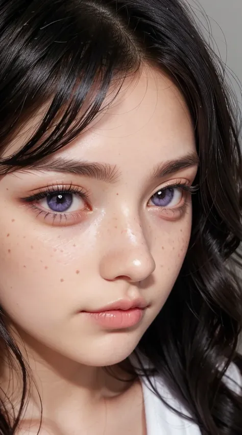 A woman with wavy black hair and purple eyes, freckles, blush, eye shadow, Cute face