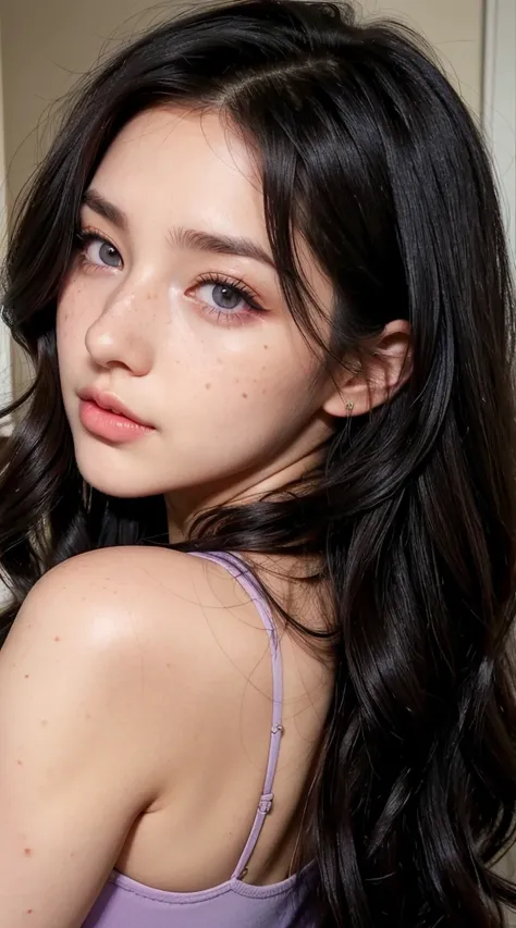 A woman with wavy black hair and purple eyes, freckles, blush, eye shadow, Cute face