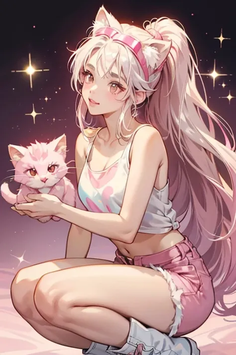 Kitty Queen has tanned skin and brown eyes with pink lips and rosy cheeks. She has silver glittering hair worn in a ponytail held by a knotted section of hair.

She wears a glittering pale pink tank-top with glittering silver short-shorts and thigh-length ...