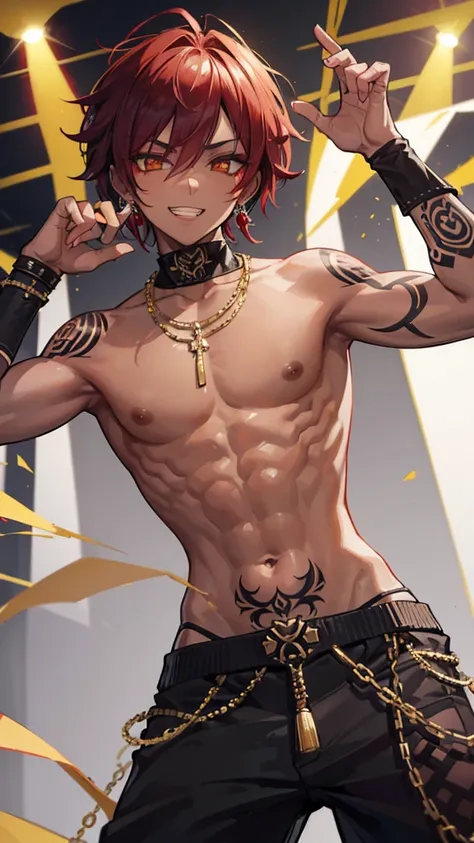 ((masterpiece, best quality)),(complex lighting) ,solo,(((1guy))), Black skin, emo rapper, Slightly notorious criminal, mischievous toothy grin with several gold teeth, light skinned, freckled face, undercut with long bangs, dark red hair, tattoos, distinc...