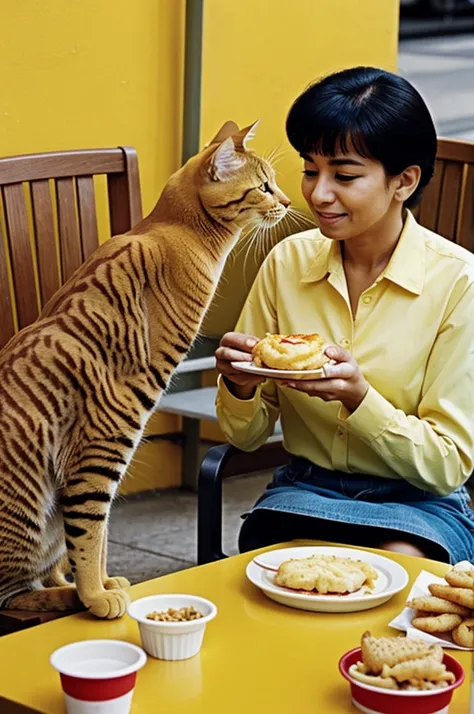 Yellow cat having Mac Donald lunch with his mother cat