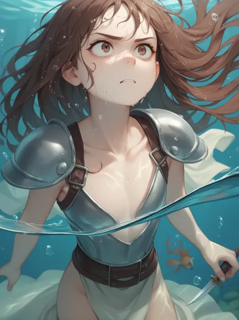 Partially underwater,最high quality,high quality, 4-year-old, , Long Hair, Brown Hair, Wet Hair, Flat Chest,Dark underground labyrinth,No light,Leather armor,Equipped with a dagger and a shield,Face above water,Body in water, Underwater Photography,The robe...