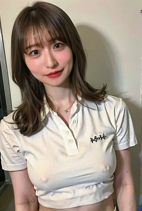 ((Droopy eyes、Are standing、Medium Hair、服の上からでもわかるBig Breasts、Both hands are in front of the navel、A photo showing pants through a short polo shirt、roll up one&#39;s shirt with one&#39;s hands、She is wearing a white polo shirt and luxurious white panties.、:...