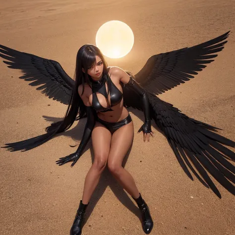 A black angel in the middle of the desert, during an eclipse, character in the center of the image 