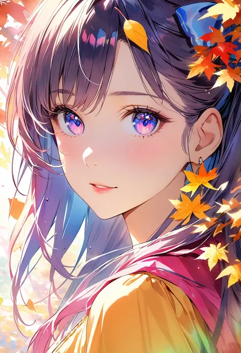 (8K, Highest quality, masterpiece:1.2),(Highest quality:1.0), (Ultra-high resolution:1.0), watercolor, Beautiful woman, shoulder, Hair Ribbon, Agnes Cecil, Half Body Portrait, Very bright and luminous design, pastel colour, (ink:1.3), Autumn Light,