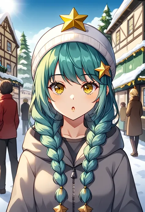 Girl with long dark turquoise hair, yellow eyes, yellow star pin in her head. Background: market at winter (rain)