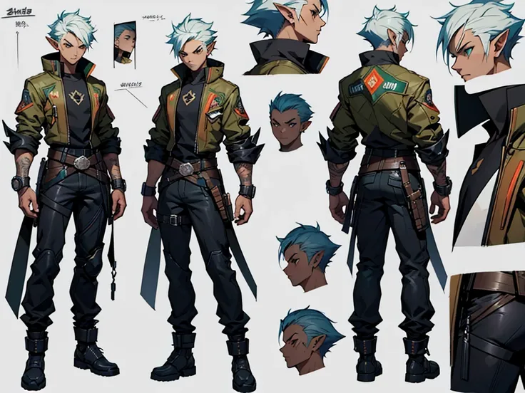 Close-up of a male elf in a cyberpunk suit, biracial, short hair with chaved sides, ((character concept art)), ((character design sheet, same character, front, side, back)) maple story character art, video game character design, video game character design...