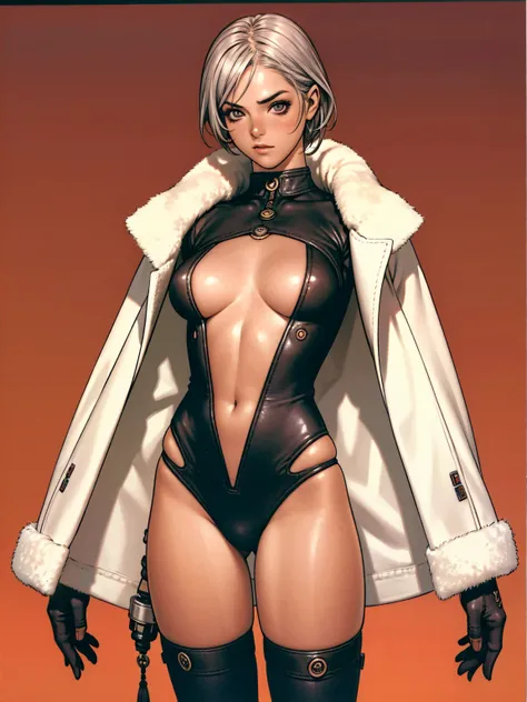 (((Annie Lennox))), (((rusty color suit))), (scars), (((bandaged arms))), ((fur hood)), (((best qualityer: 1.4))), (Unbeatable masterpiece), (hiper HD),(CG 8k hyper-realistic), (((brave face))), (((breasts big))), (((hyper feminine))), sexly girl, black ta...