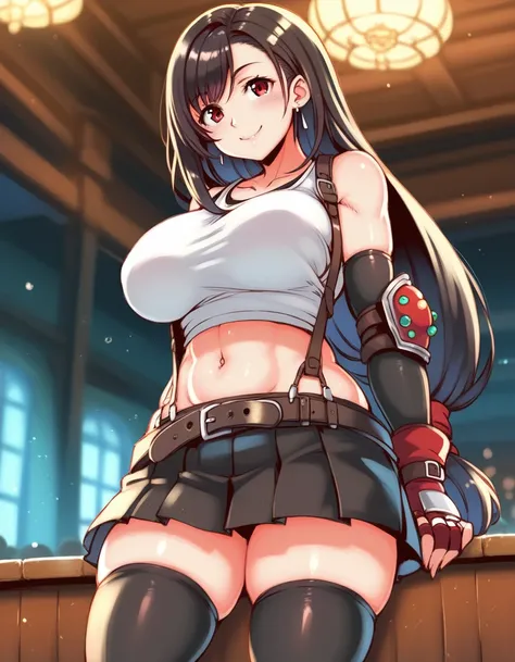 score_9, score_8_up, score_7_up,score_6, score_5,4k,rating_safe BREAK , (from below.from front,(breast focus),standing,straight-on,(arms in sides.),,(upperbody),looking_at_viewer ,1girl, tifa lockhart, final fantasy, tareme,black hair, low-tied long hair, ...