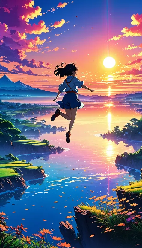 anime landscape ofthe image shows a jumping into the air at sunset, colorful,beautiful anime scene, visto de lejos, beautiful an...