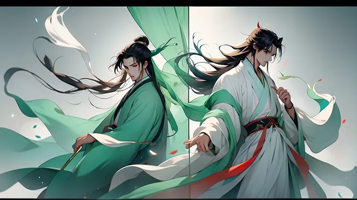 Two oriental men in gorgeous Hanfu，Long hair flying，Immortal&#39;s Appearance，Full body medium shot，Staring at each other firmly，Ethereal beauty，Heavenly Wonderland，The palace gardens shrouded in mist，Soft lighting，Exquisite details。