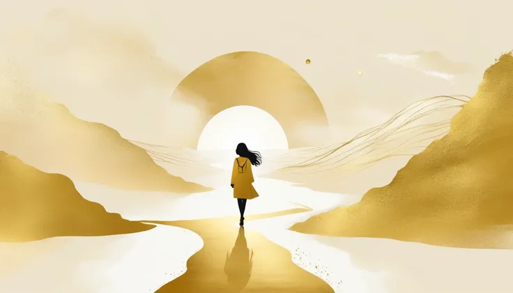 a Minimalist journey，gold，1girl，illustration