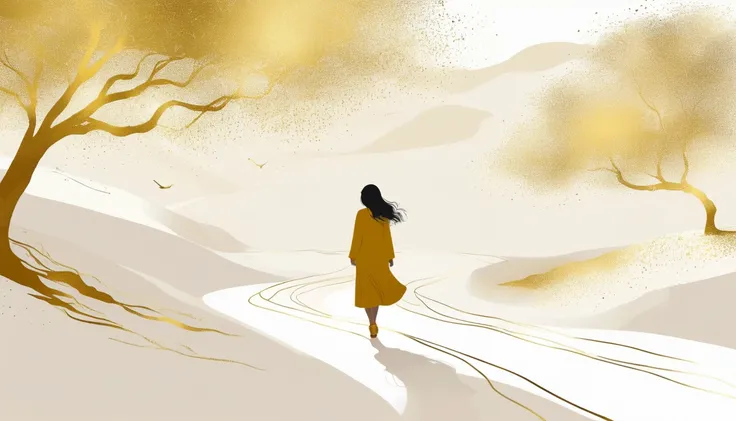 a Minimalist journey，gold，1girl，illustration