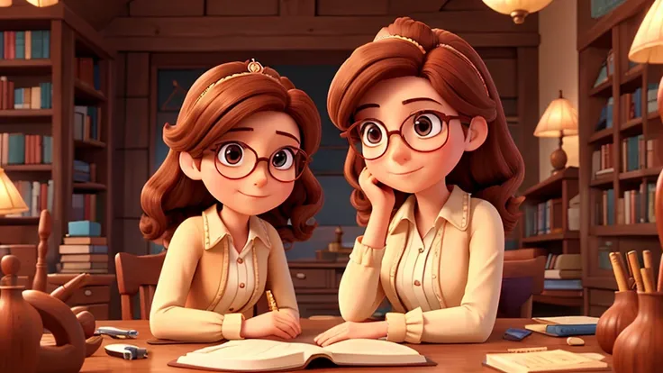 A woman, wearing round glasses, chestnut hair, in classic clothes, surrounded by books, Looks like Princess Belle