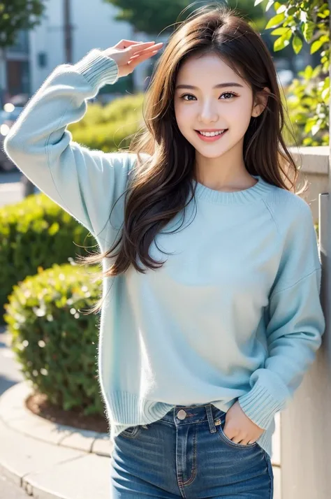 A photo-realistic image of a cute 19-year-old girl smiling brightly while making a cheerful See you tomorrow! pose. The girl has a friendly and warm expression, with sparkling eyes and a natural, happy demeanor. She is wearing casual, trendy clothes suitab...