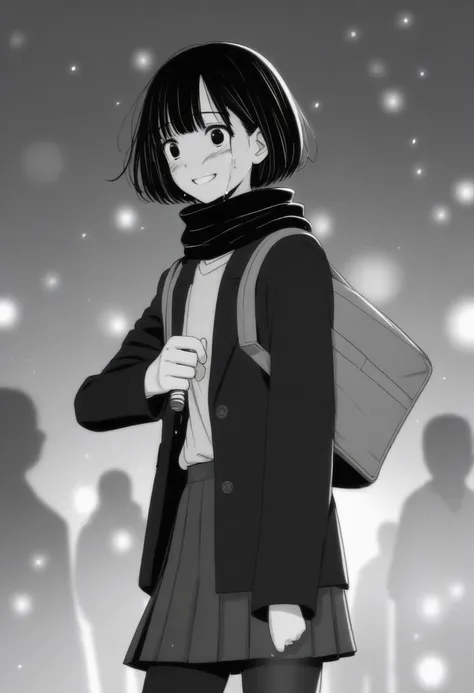 masterpiece, best quality, 1girl, mamerakkkkko, grayscale, manga style, japanese, chi no wadachi, black eyes, street, iced, black hair, schoolbag, smile, lineart, black coat, black scarf, black pleated skirt, leggings, centered, 18 years old, tall, fair sk...