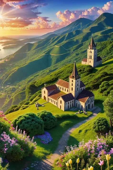 Medieval Catholic church on the mountain, View of the sea, surrounded by lush vegetation in a valley of flowers, rise sun, with rays of light, slightly misty day, Ultra -HD, 真实感, cinematic light, detailed back ground, swirly vibrant colors, conceptual artw...