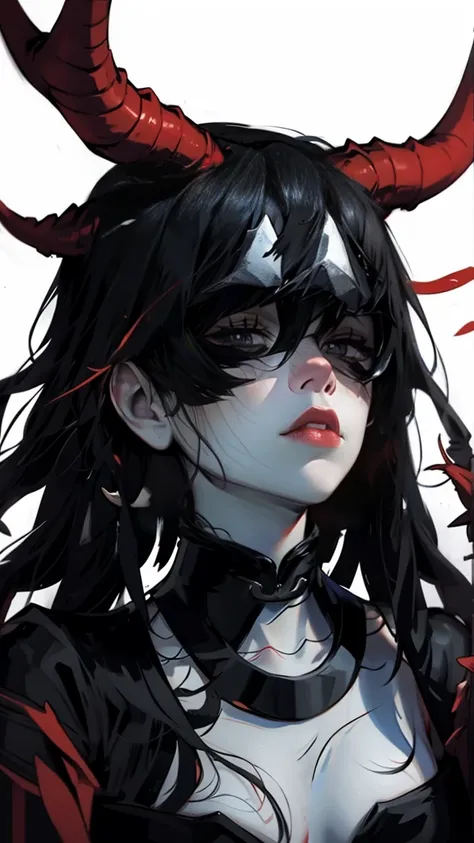 score_9, score_8_up, score_7_up, score_6_up, 1girl, solo, demon girl, red skin, huge red oni horns, long hair, black hair, bangs...