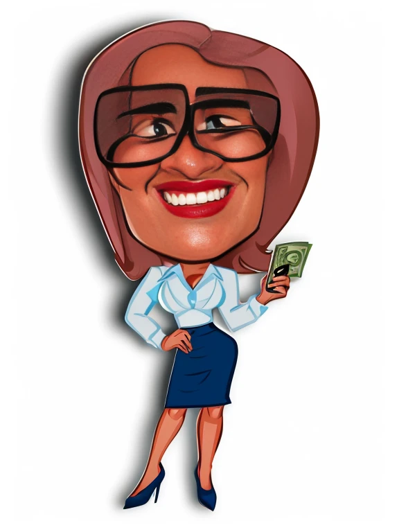 cartoon woman with glasses holding a money and a cell phone, caricature style, caricature illustration, caricature, Cartoon portrait, caricature!!!, caricature, in cartoon style, half portrait, official illustration, caricature, full - length portrait, Deb...