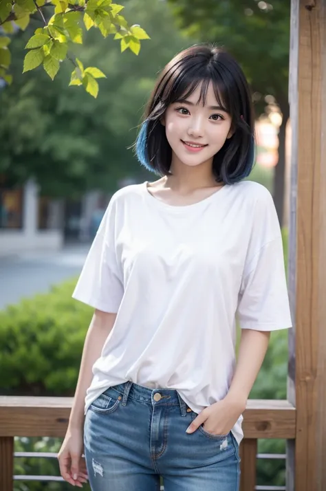 a photo-realistic image of a cute 19-year-old girl smiling brightly while making a cheerful 'see you tomorrow!' pose. the girl h...