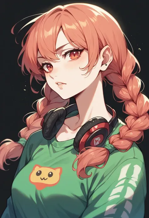 Free fire gamer style female character. With hair with two braids, black and red With green clothes and black, black background