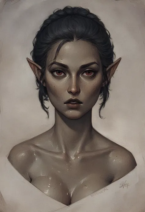 punctuation_9, punctuation_8_High above, punctuation_7_High above, 1 girl, ((Dunmer)), skyrim, Ancient scrolls, dark elf, ((dark gray and ashy skin)), small dark lips, big dark red eyes, naughty, muted, black hair tied into a sleek ponytail, tall and slend...