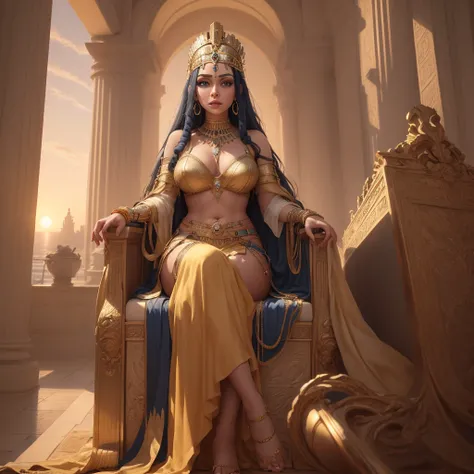 Create a stunning portrait of Queen Cleopatra, emphasizing its royalty and elegance. The scene is supposed to capture Cleopatra sitting on her golden throne, including a golden crown encrusted with precious stones. Behind her, include a view of the Nile Ri...