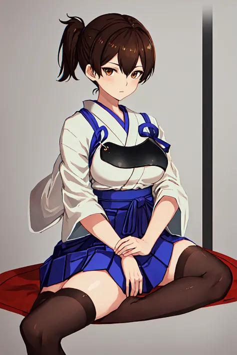 best quality, masterpiece, highres, solo, {kaga_kantaicollection:1.15}, brown_hair, side_ponytail, brown_eyes, short_hair, breasts, long_hair, 1girl, hakama, hakama_skirt, japanese_clothes, skirt, tasuki, hakama_short_skirt, blue_hakama, looking_at_viewer,...