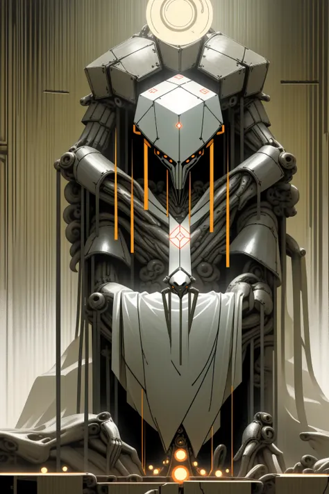 a giant robot torso connected to the ceiling, leaning forward, 6 bright white glowing eyes arranged in a hexagon, smooth metal plating covering the mechanical frame underneath, godly aura, long slender arms resting below, 