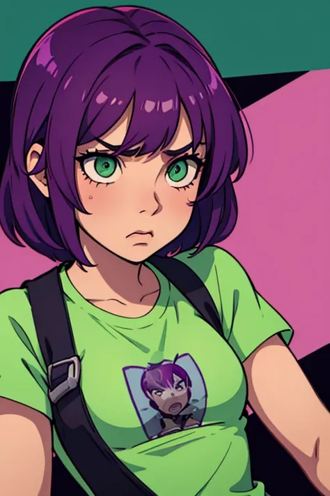 teenage female gang member,Green eyes , short wavy purple hair, gritando, pleading look , despair 