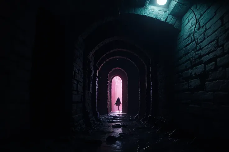 small cloaked girl explores dungeon, from behind, back shot, dark stone passage, fantasy dungeon, dim pink and blue lighting, white slime, pale opaque goo oozing from the stonework, puddles of glue on ground, mist, low contrast, dark, chains, stonework, en...