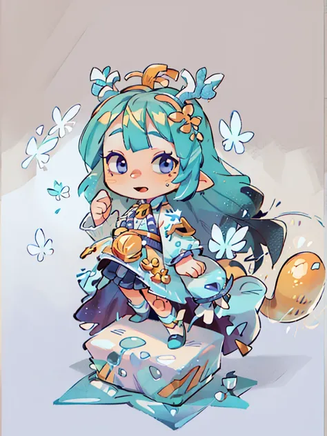 tarot, gold border, mystical forest themed, chibi, masterpiece, best quality, extremely detailed, detailed background, detailed face, 1girl, full-body, solo, pale skin, LONG blue hair which each strands were being lifted up by butterflies, deer ears, white...