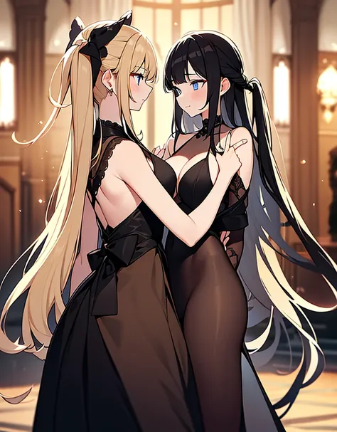 an adult girl, She has two pigtails falling over her shoulders, decorated with black ribbons, SHE HAS BLONDE HAIR, blue eyes and a very elegant and very long black dress for a gala dinner with a cut that allows her to show her leg, wears beautiful evening ...